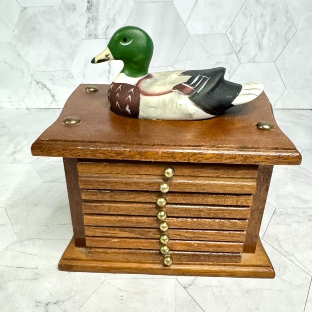 Vtg Price Products Mallard Duck Coaster Box Set of 8 Wood Cork Drawer Caddy